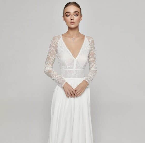 Bride Now! Brautkleid Langärmeliges Brautkleid in A - Linie aus Spitze und Chiffon