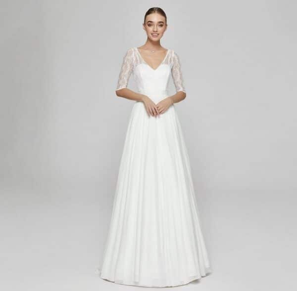 Bride Now! Brautkleid Brautkleit in A - Linie aus Spitze und Chiffon mit 3/4 Arm