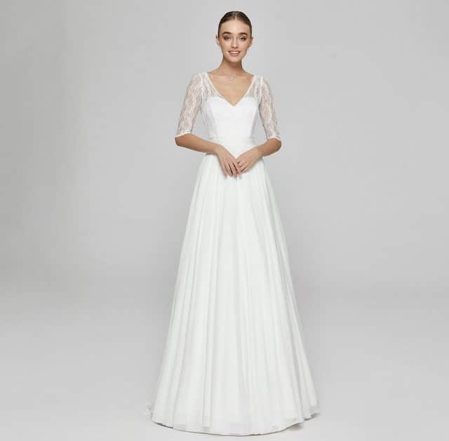 Bride Now! Brautkleid Brautkleit in A - Linie aus Spitze und Chiffon mit 3/4 Arm