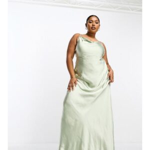 Pretty Lavish Curve - Bridesmaid - Keisha - Langes Satin-Brautjungfernkleid in Salbeigrün mit Wasserfallausschnitt