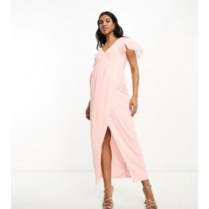 TFNC Maternity - Bridesmaid - Maxi-Brautjungfernkleid aus zartrosa Chiffon mit Flatterärmeln und gewickelter Vorderseite