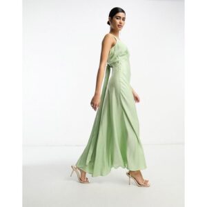 ASOS DESIGN - Bridesmaid - Maxi-Brautjungfernkleid aus salbeigrünem Satin mit gerafftem Oberteil und Bindedetail am Rücken