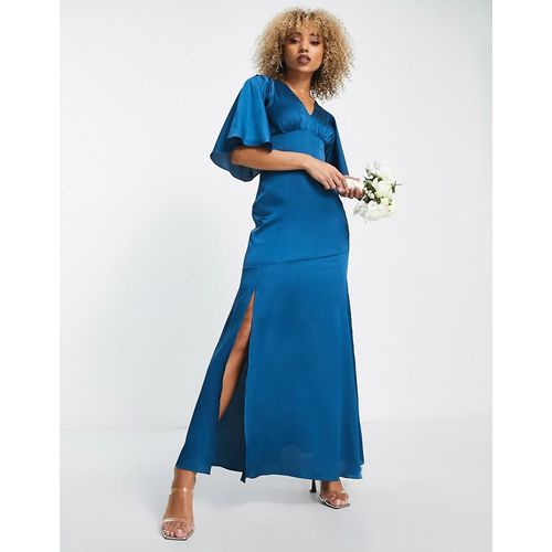 Liquorish - Bridesmaids - Maxi-Brautjungfernkleid aus blaugrünem Satin mit Flatterärmeln und Schlitz