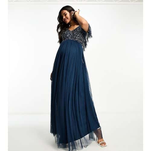 Beauut Maternity - Bridesmaid - Verziertes Maxi-Brautjungfernkleid in Marineblau mit Flatterdetail