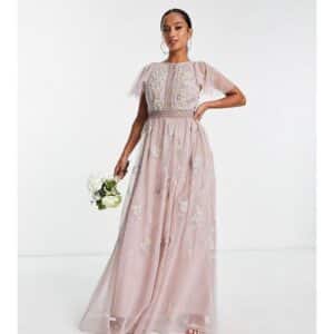 ASOS DESIGN Petite - Bridesmaid - Maxi-Brautjungfernkleid in Rosé mit Blumenstickerei