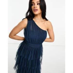 Beauut - Bridesmaid - Gestuftes Maxi-Brautjungfernkleid in Marineblau mit One-Shoulder-Träger