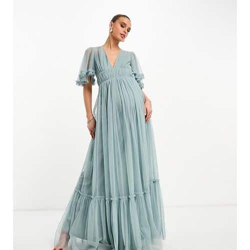 Beauut Maternity - Bridesmaid - Maxi-Brautjungfernkleid aus Tüll in Nebelgrün mit Flatterärmeln