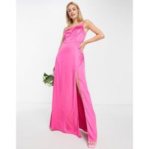 Maya - Bridesmaid - Brautjungfernkleid in leuchtendem Fuchsia-Pink mit One-Shoulder-Träger und hohem Schlitz-Rosa