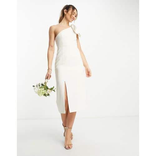 Y.A.S - Bridal - Midi-Brautkleid in Weiß mit One-Shoulder-Träger mit Schleifendetail