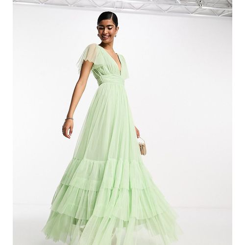 Lace & Beads - Madison - Maxi-Brautjungfernkleid aus Tüll in Salbeigrün mit V-Ausschnitt