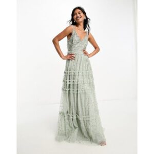 Maya - Bridesmaid - Maxi-Brautjungfernkleid aus salbeigrünem Tüll mit farblich abgestimmtem