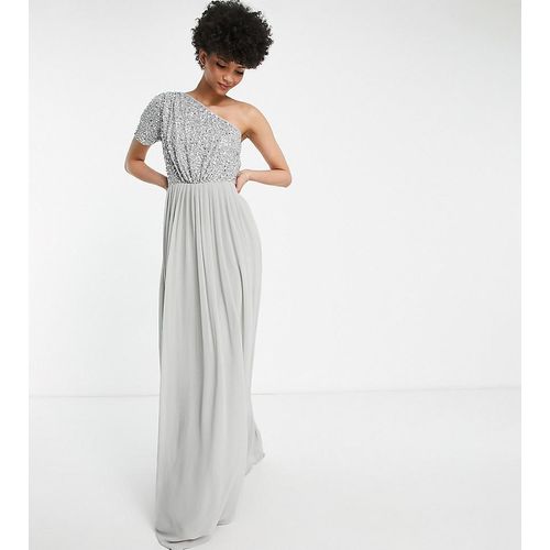 Beauut Tall - Bridesmaid - Langes Brautjungfernkleid in Grau mit verziertem Oberteil und One-Shoulder-Design